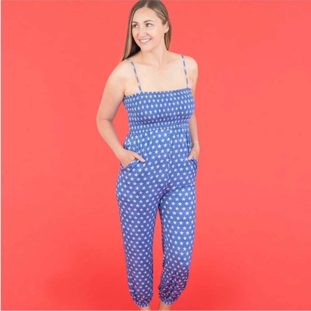 Posh Peanut | Women's Smocked Blue Star Print Sleeveless Jumpsuit Size 2XL NWT